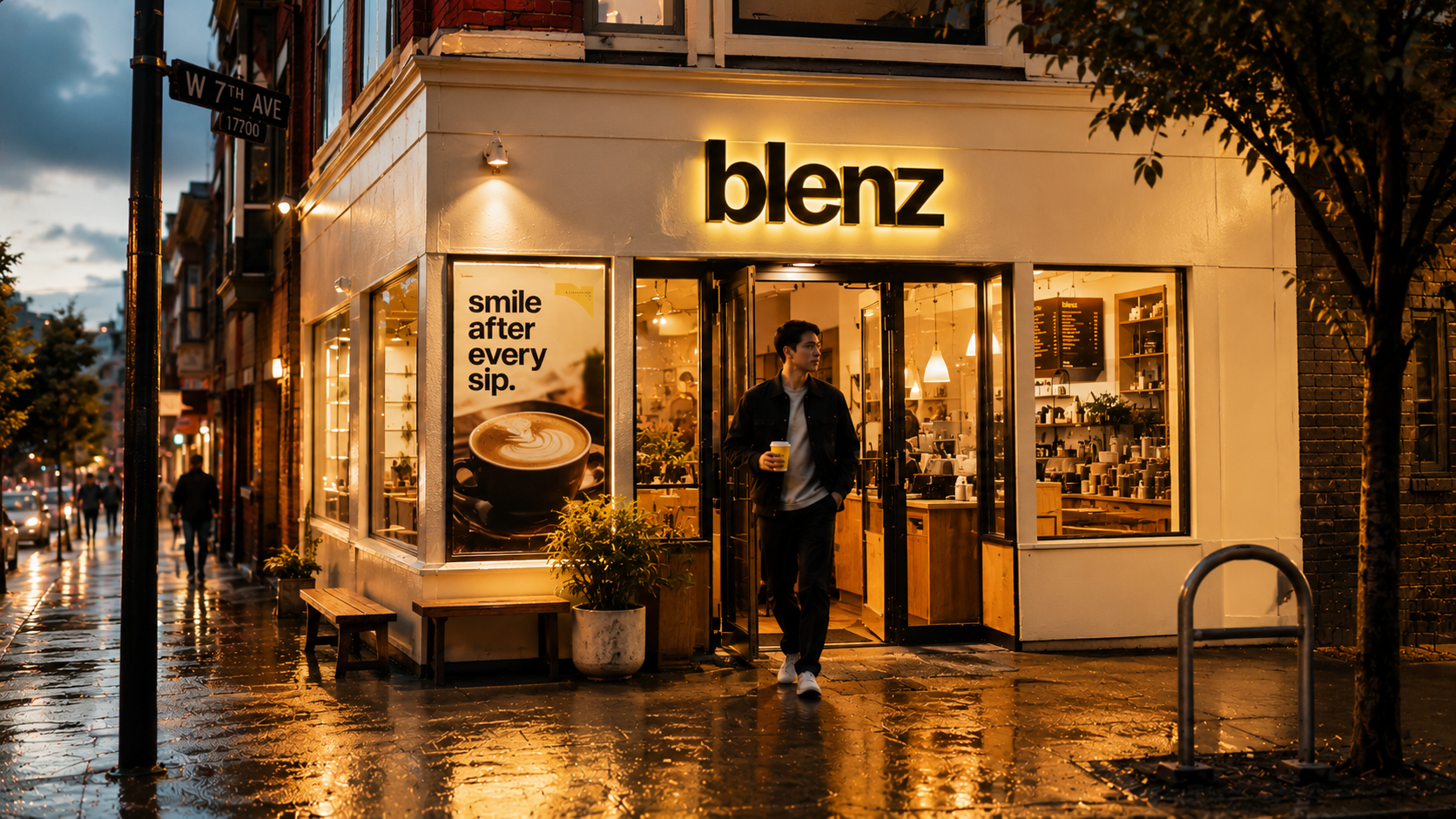 blenz storefront entrance at dusk